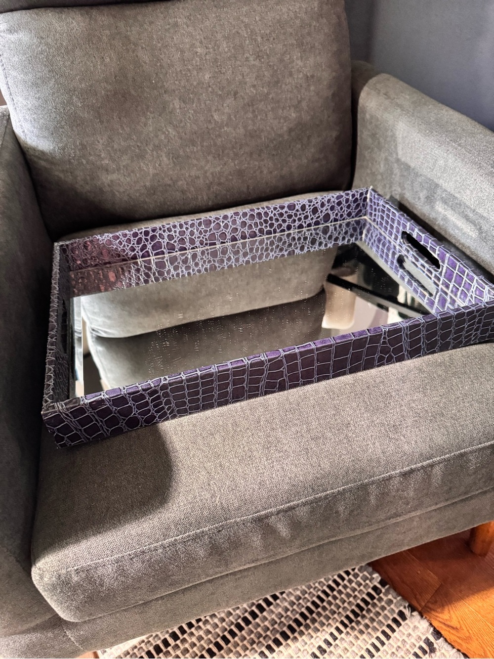 Navy Croc-Textured Mirrored Serving Tray